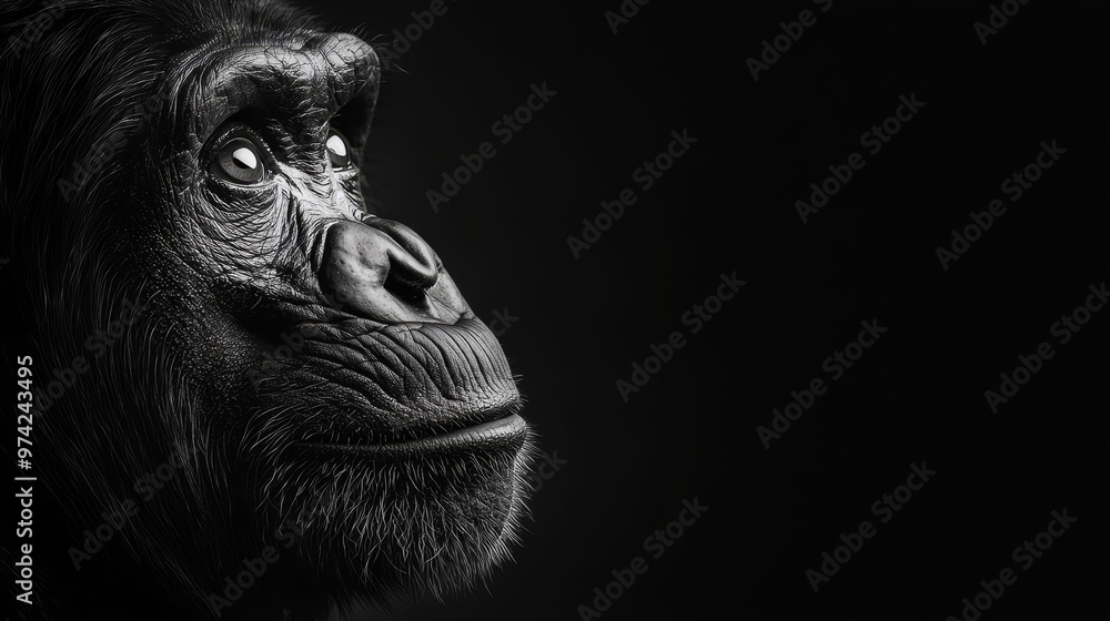 A monkey's face in black and white, sad expression in the left eye A monkey's face in black and white, sad expression in the left eye