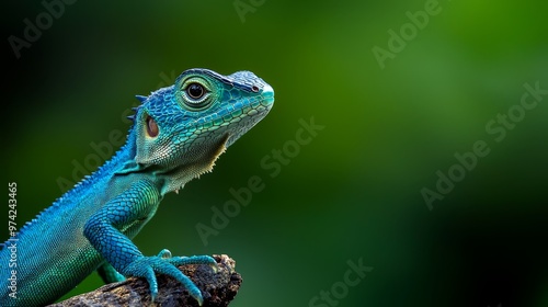  A tight shot of a lizard perched on a tree branch against a softly blurred backdrop of green foliage