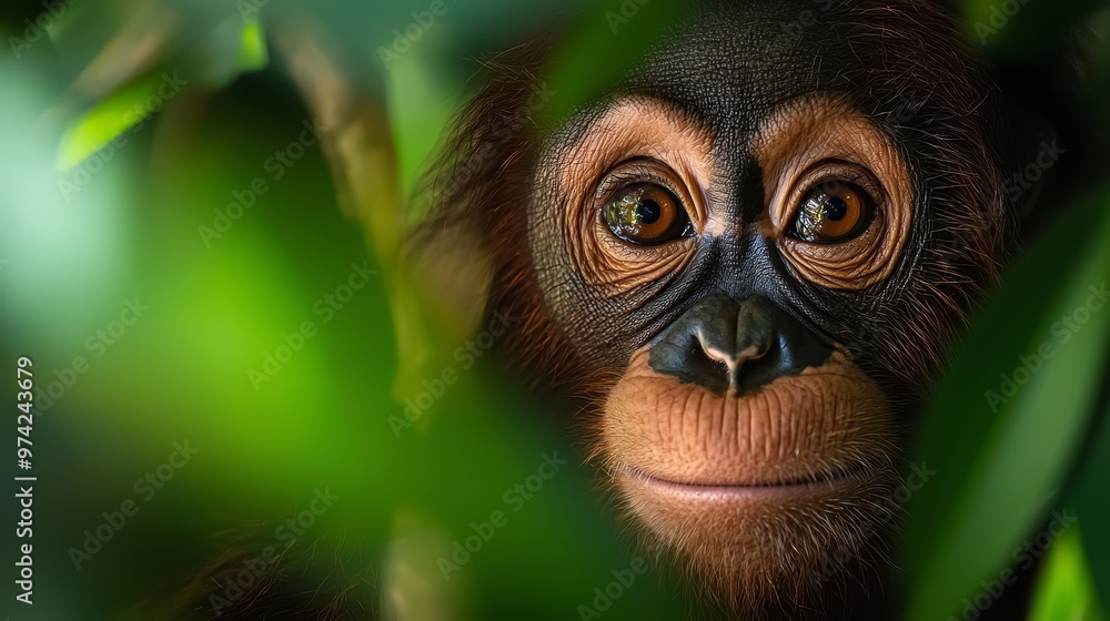 A monkey's face, narrowly visible, hides among a bushy branch covered in leafy greens A monkey's face, narrowly visible, hides among a bushy branch covered in leafy greens