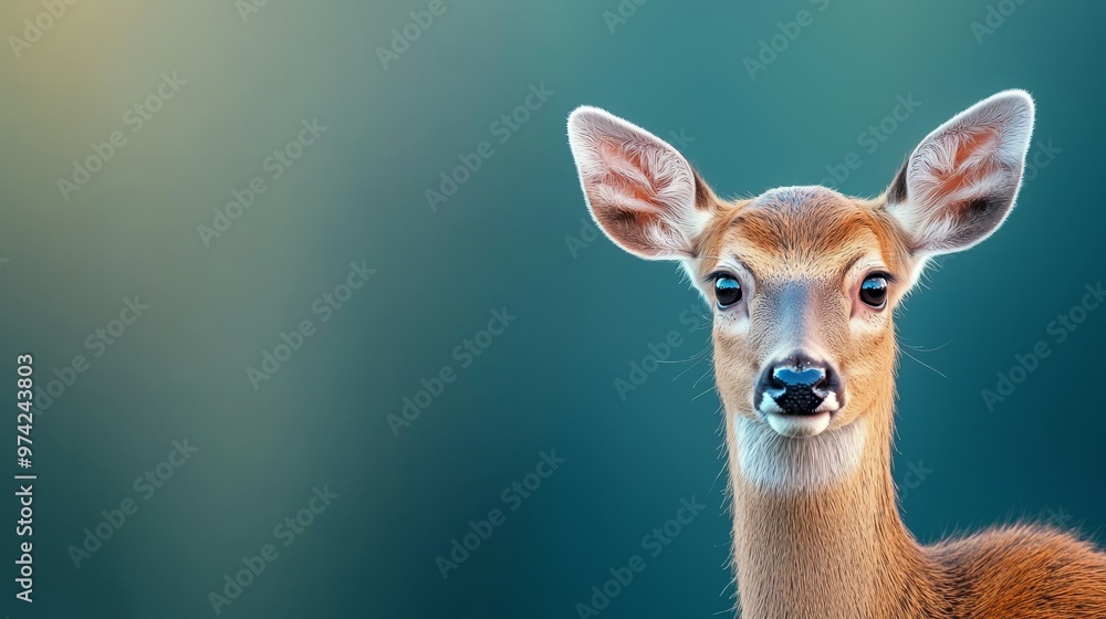 A tight shot of a deer's head against a softly blurred background, revealing a blue sky beyond A tight shot of a deer's head against a softly blurred background, revealing a blue sky beyond