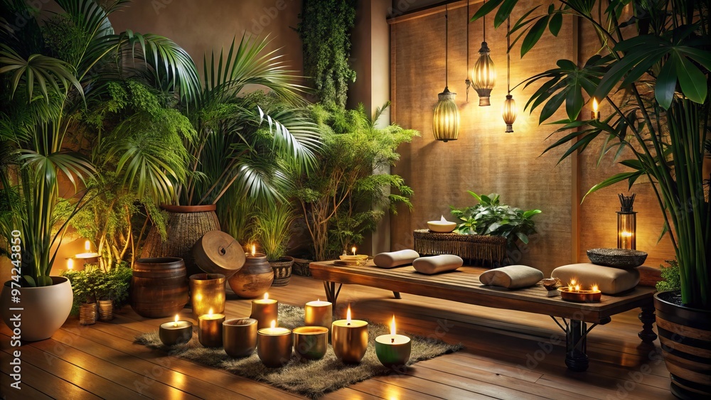 serene dimly-lit room with lush green plants, soft candlelight, and traditional Asian instruments, evoking tranquil serene dimly-lit room with lush green plants, soft candlelight, and traditional Asian instruments, evoking tranquil
