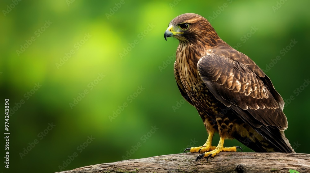 A tight shot of a bird of prey perched on a tree branch against a green, slightly out-of-focus backdrop A tight shot of a bird of prey perched on a tree branch against a green, slightly out-of-focus backdrop