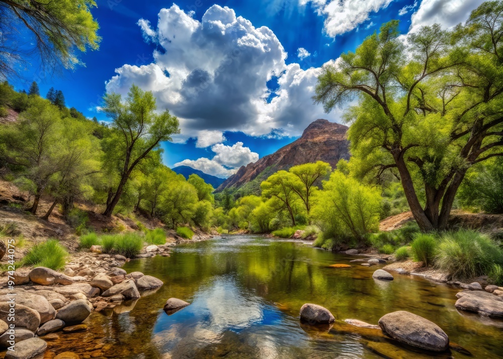 Serene desert landscape of Madera Canyon, Arizona, featuring a gentle stream, lush greenery, and majestic trees under a Serene desert landscape of Madera Canyon, Arizona, featuring a gentle stream, lush greenery, and majestic trees under a
