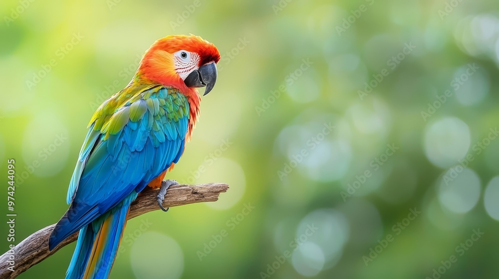 A vibrant bird perches atop a weathered branch against a backdrop of hazy, verdant trees A vibrant bird perches atop a weathered branch against a backdrop of hazy, verdant trees