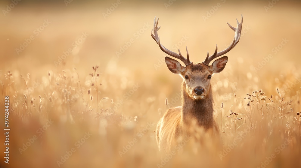 A tight shot of a deer in a lush grass field, gazing at the camera with its antlers prominently displayed A tight shot of a deer in a lush grass field, gazing at the camera with its antlers prominently displayed