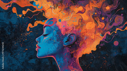 Abstract Depiction of a Woman's Profile with Bold Intersecting Lines and Vibrant Colors in Electric Blue, Fuchsia, and Bright Orange