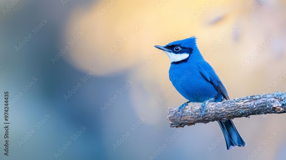 Obraz premium A clear-sky backdrop conceals a blue bird perched on an distinguishable tree branch