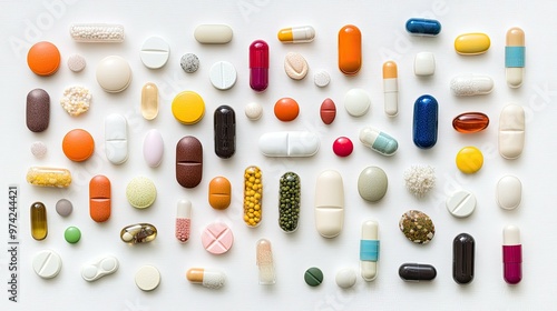 A variety of colorful pills and capsules are scattered on a white background, arranged in a pattern.