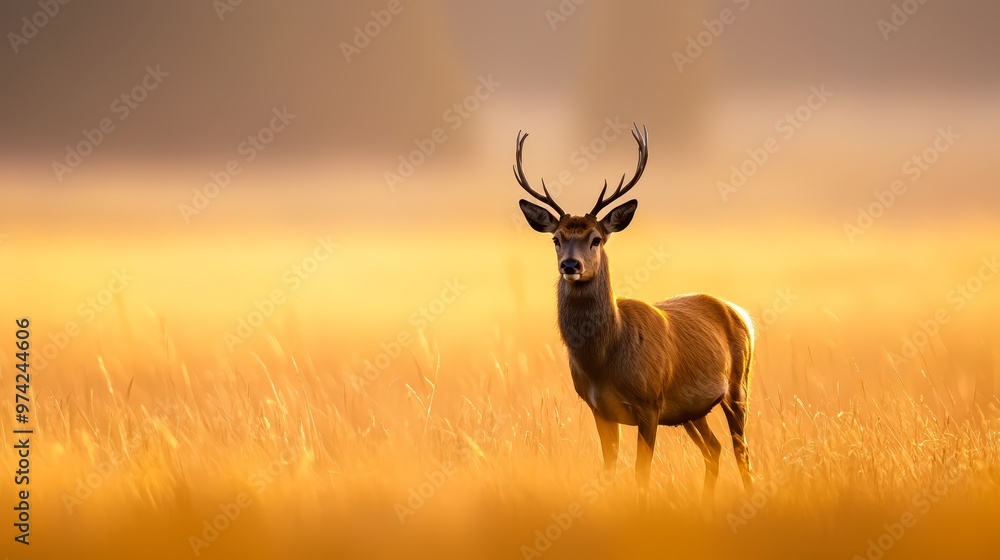 A deer stands in a field, surrounded by tall grass in the foreground, as a foggy sky looms in the background A deer stands in a field, surrounded by tall grass in the foreground, as a foggy sky looms in the background