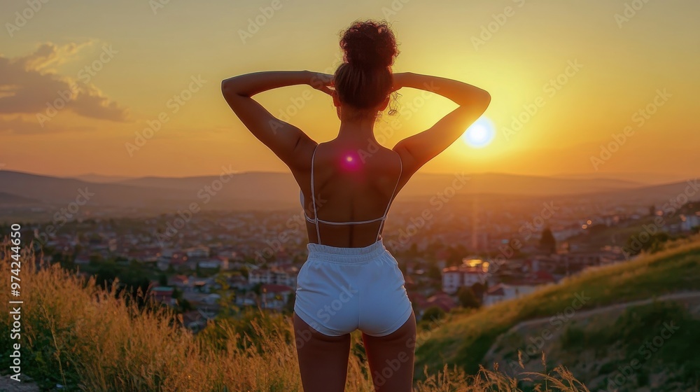A woman poses gracefully against a stunning sunset backdrop, overlooking a serene valley filled with houses during twilight A woman poses gracefully against a stunning sunset backdrop, overlooking a serene valley filled with houses during twilight
