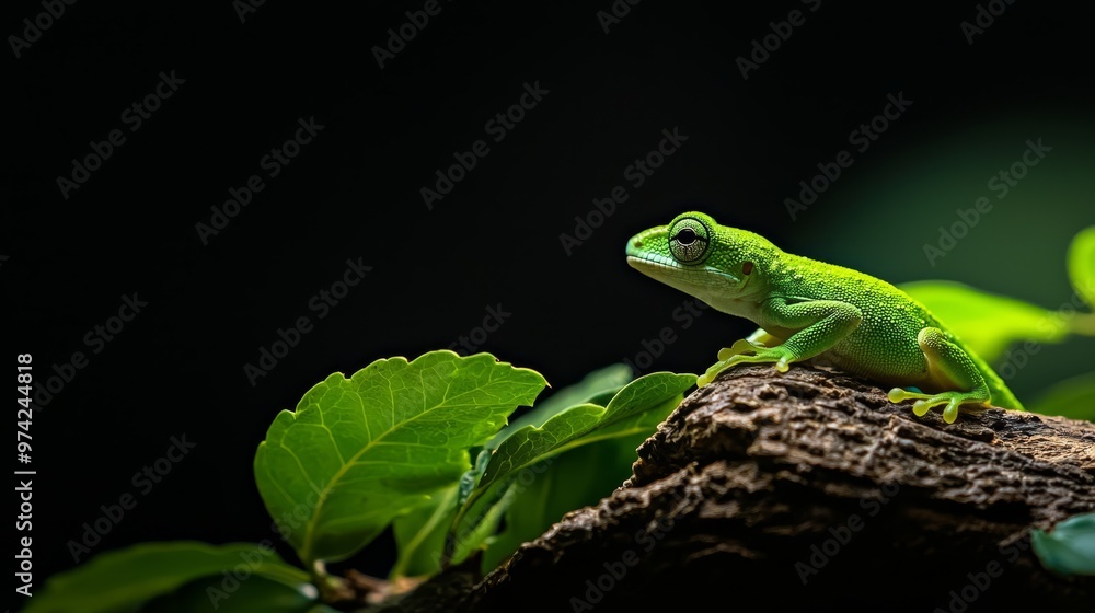 Fototapeta premium A green lizard atop a branch, ensconced in foliage, next to a leafy plant