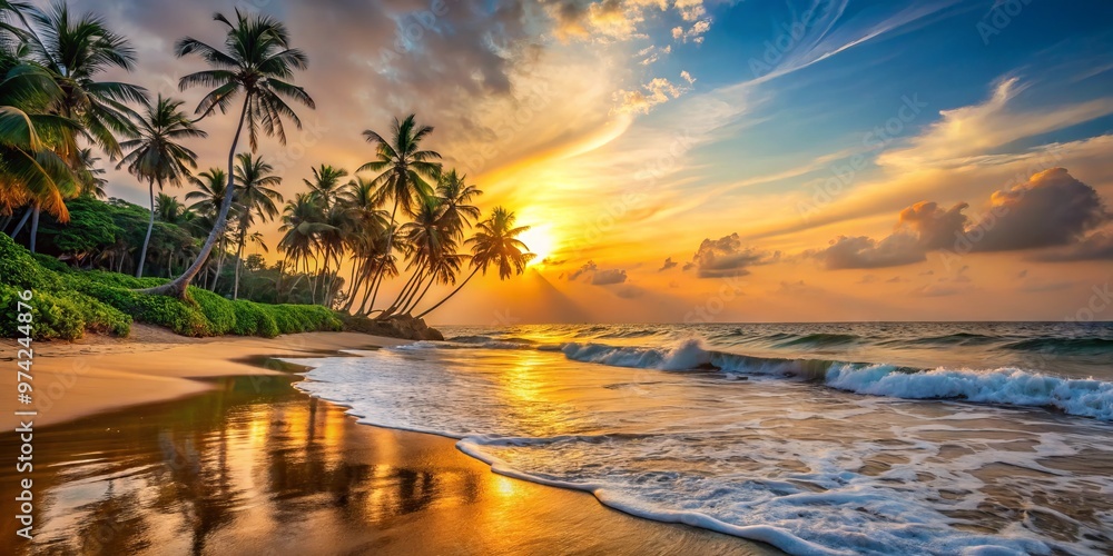 Serenely majestic Indian Ocean waves gently lap against the golden sandy shoreline of Samudra Beach at sunset, with Serenely majestic Indian Ocean waves gently lap against the golden sandy shoreline of Samudra Beach at sunset, with