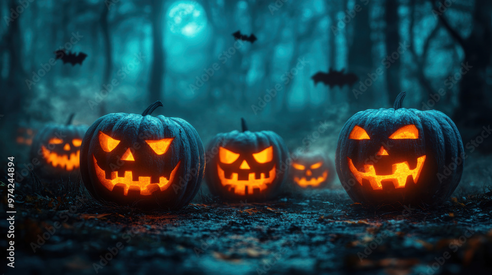 Jack-o'-lanterns in Forest. Jack-o'-lanterns in Forest.