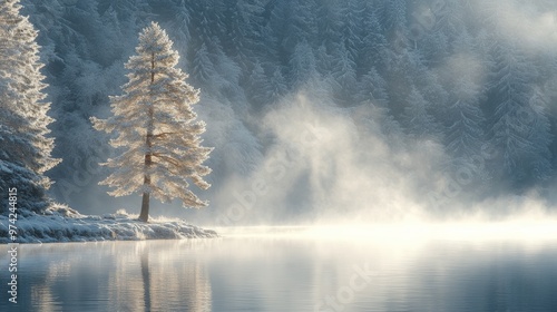 Snow-covered pine tree in serene winter mountain landscape