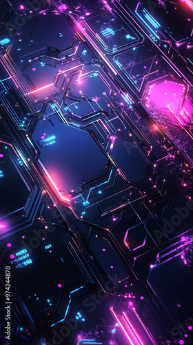 Abstract Circuitry Pattern with Glowing Lines, Hexagonal Shapes, and Metallic Textures, Futuristic Tech Vibe Mobile Background Wallpaper