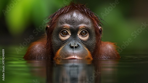  A tight shot of a monkey over water, gaze fixed on the lens, head breaking surface photo