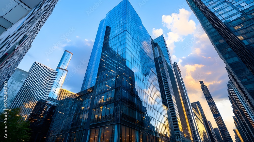 A low angle view of a skyscraper in a city, with other buildings in the background. The sky is blue and there are clouds in the sky. A low angle view of a skyscraper in a city, with other buildings in the background. The sky is blue and there are clouds in the sky.