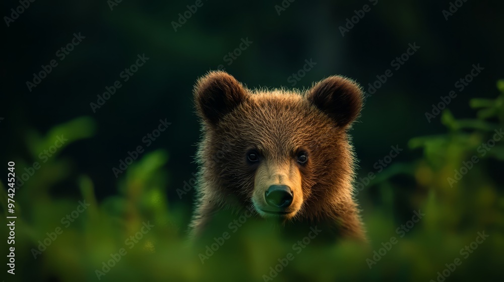 Obraz premium A tight shot of a brown bear's expressive face amidst tall grass, with trees looming behind