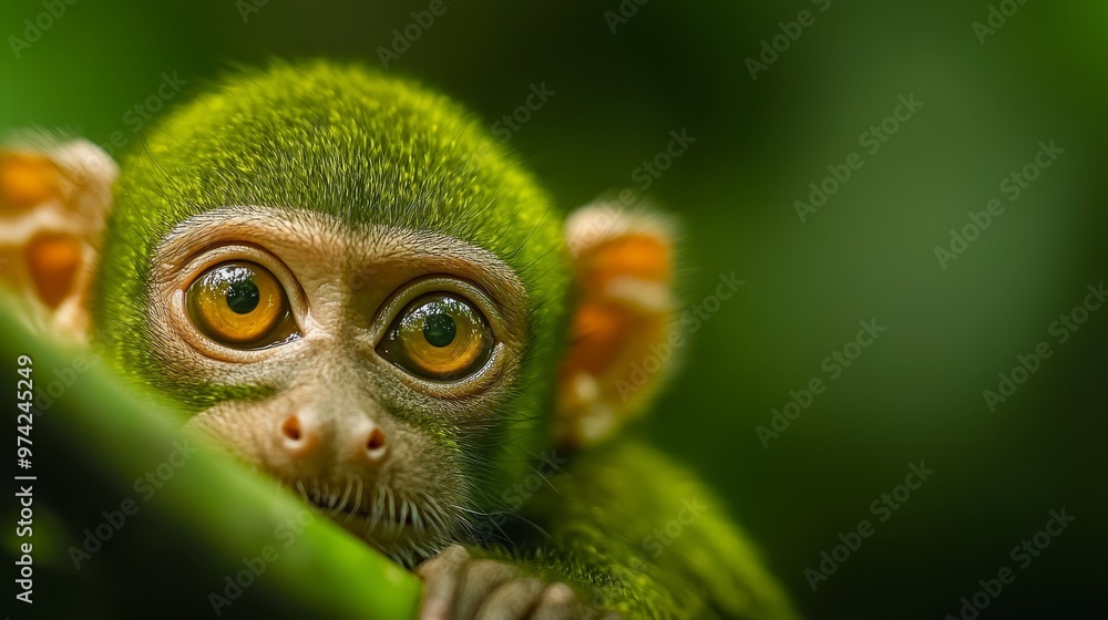 A tight shot of a monkey's expressive face, with a vibrant green leaf in sharp focus in the front, while the background softly blurs A tight shot of a monkey's expressive face, with a vibrant green leaf in sharp focus in the front, while the background softly blurs