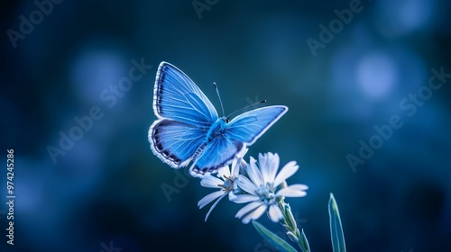  A blue butterfly atop a pristine white flower against a softly blurred backdrop of grass and blooms