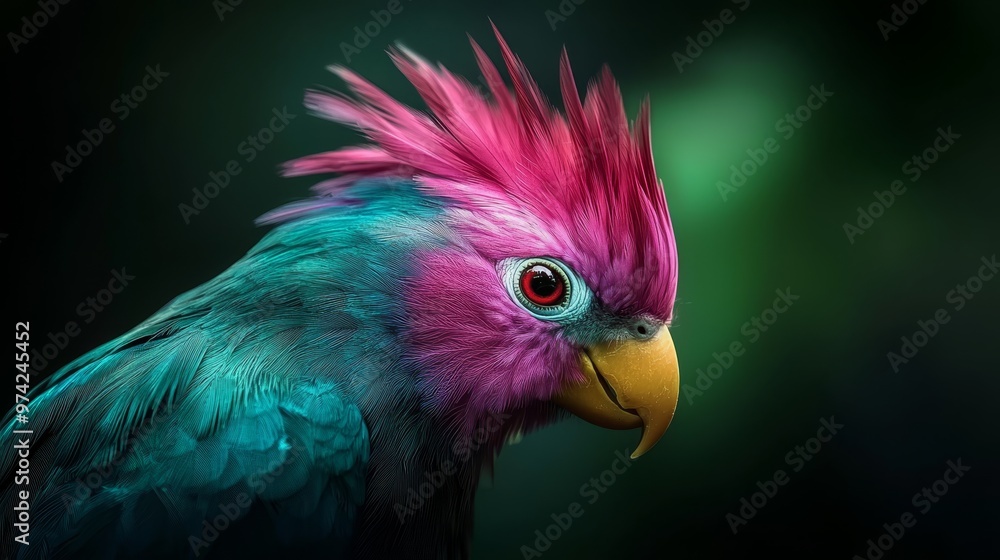 Fototapeta premium A close-up of a colorful bird against a green background Another image features the same bird against a black background
