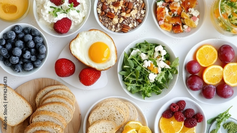 A variety of healthy breakfast foods arranged on a white background, including fruit, yogurt, eggs, and toast. A variety of healthy breakfast foods arranged on a white background, including fruit, yogurt, eggs, and toast.