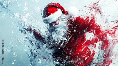 Abstract Santa Claus in Swirling Crimson and Snow-White Brushstrokes with Frosty Blue-Silver Background and Soft Snowflake Patterns