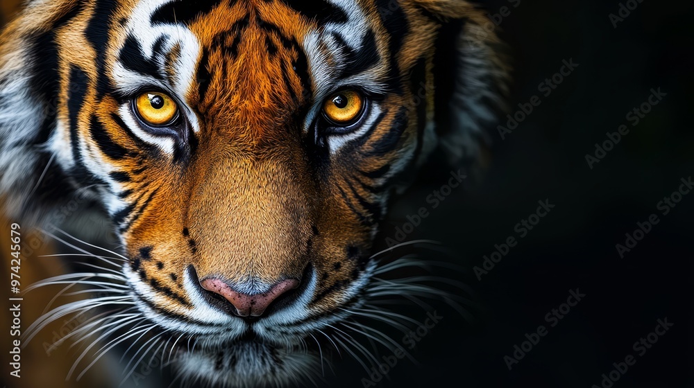 Obraz premium A tight shot of a tiger's intense gaze into the camera, backdrop softly blurred