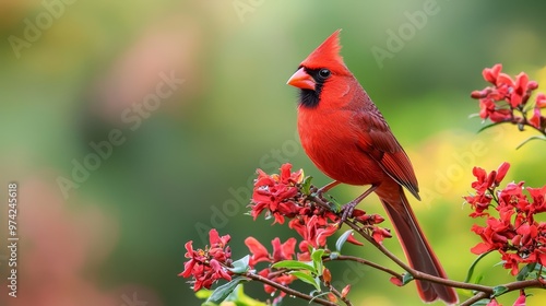  A red bird perches on a tree branch against a backdrop of red flowers in the foreground, while the background softly blurs
