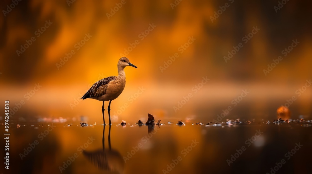 Obraz premium A bird atop a body of water, next to another bird on its surface