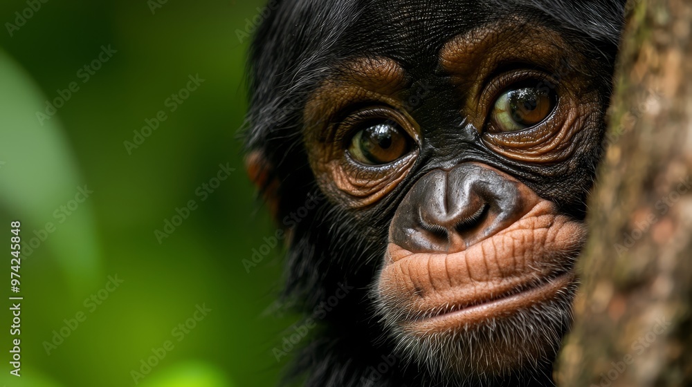 A tight shot of a monkey's face emerging from behind a tree branch in a jungle backdrop A tight shot of a monkey's face emerging from behind a tree branch in a jungle backdrop