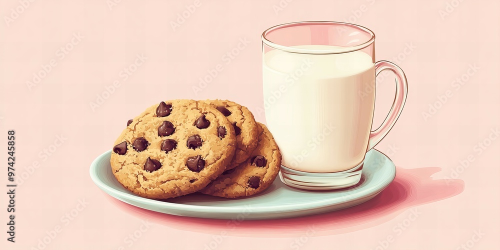Freshly Baked Chocolate Chip Cookies with a Glass of Milk on White Background, new beautiful stock image illustration AI Freshly Baked Chocolate Chip Cookies with a Glass of Milk on White Background, new beautiful stock image illustration AI