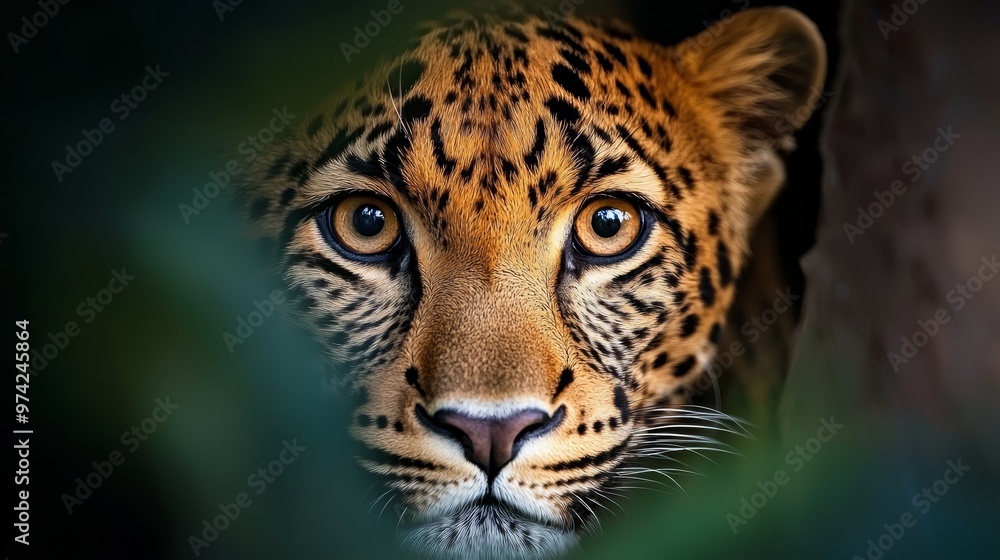 Obraz premium A tight shot of a leopard's face, surrounded by a hazy backdrop of leaves and a tree trunk