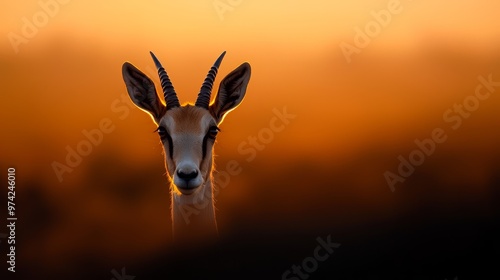  A goat's head with an orange and yellow layered sky behind it photo