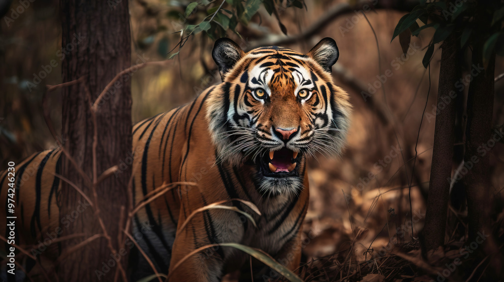 Fototapeta premium Bengal tiger, wild predator in the jungle forests, close-up. Natural nature. AI generated.