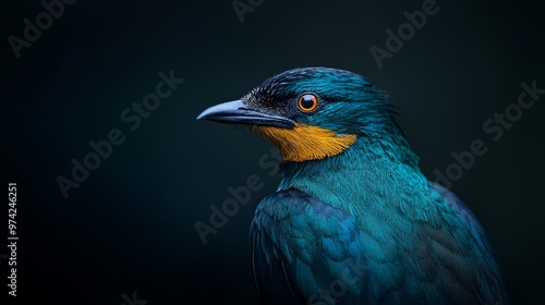  A tight shot of a blue bird with a yellow beak stripe against a black background