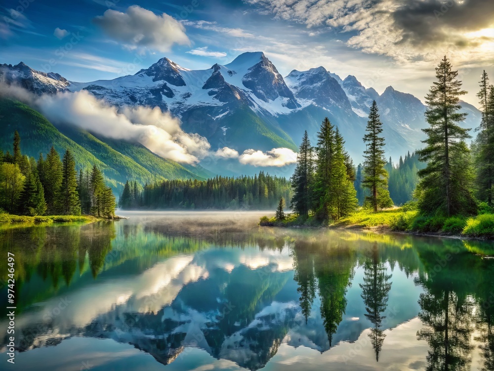 Serene misty mountain landscape with lush green trees, snow-capped peaks, and a tranquil lake reflecting the majestic Serene misty mountain landscape with lush green trees, snow-capped peaks, and a tranquil lake reflecting the majestic