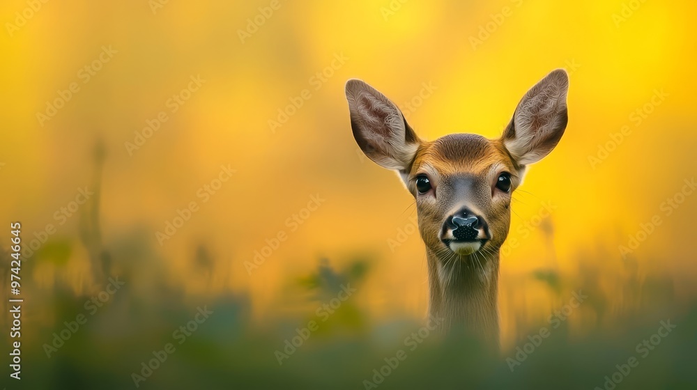 A tight shot of a deer's head, surrounded by grass in the foreground, and a yellow sky overhead A tight shot of a deer's head, surrounded by grass in the foreground, and a yellow sky overhead
