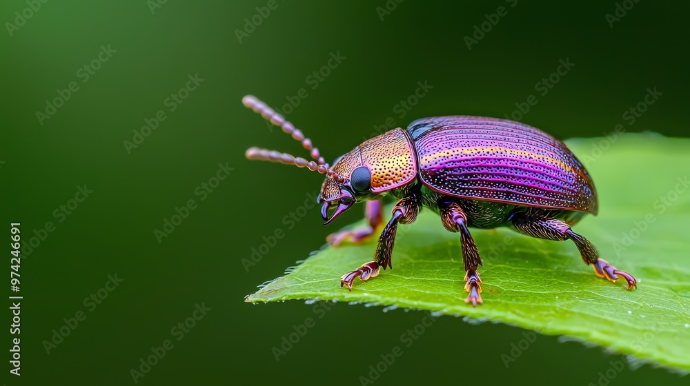 A tight shot of a beetle atop a wet leaf against a verdant backdrop, with water pearls on its exoskeleton A tight shot of a beetle atop a wet leaf against a verdant backdrop, with water pearls on its exoskeleton