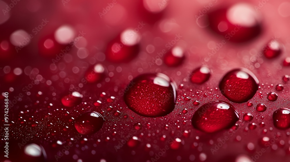A tight shot of water droplets on a scarlet surface against a dark maroon background, with a pastel pink background A tight shot of water droplets on a scarlet surface against a dark maroon background, with a pastel pink background