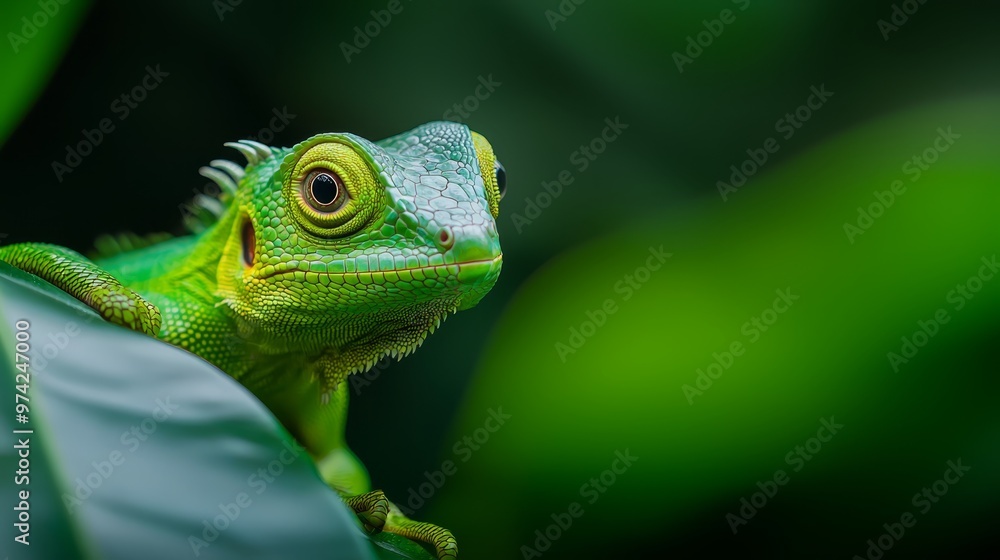 Fototapeta premium A tight shot of a green chameleon perched on a leaf against a softly blurred background