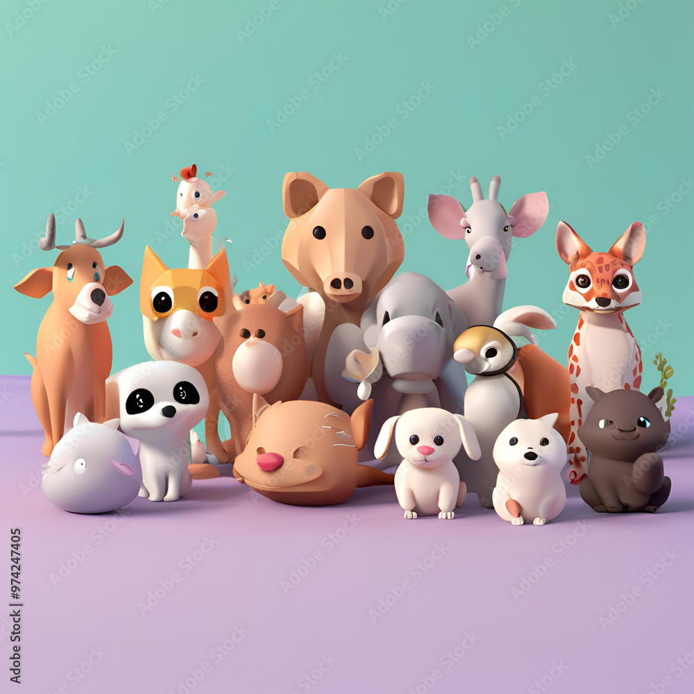 A group of cute, cartoon-style animals of various species gathered together. A group of cute, cartoon-style animals of various species gathered together.