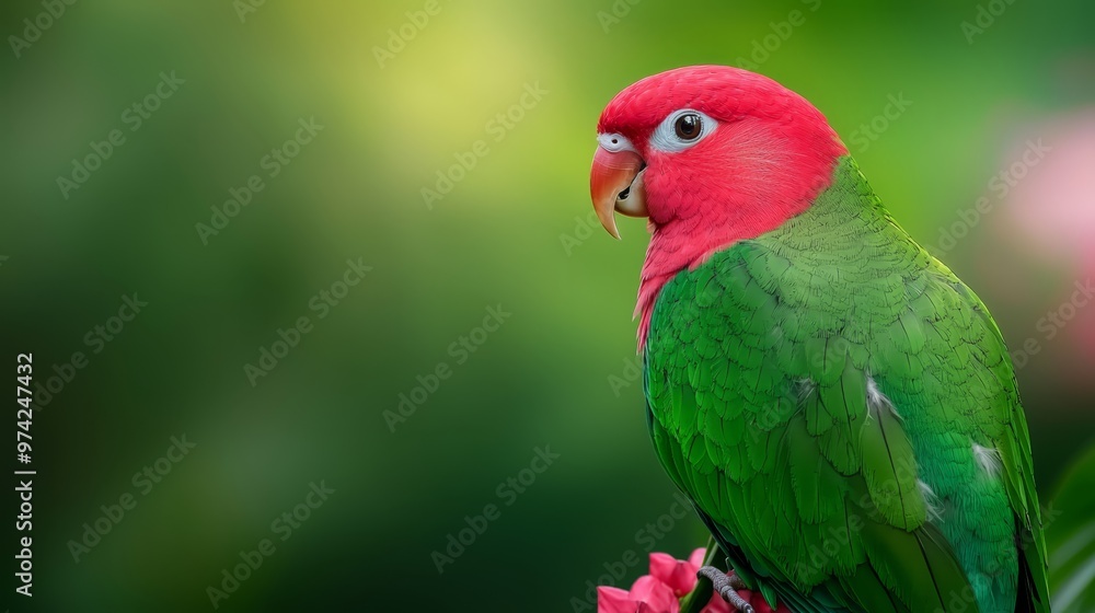 A tight shot of a red and green bird perched on a branch, surrounded by pink flowers, against a soft, indistinct backdrop A tight shot of a red and green bird perched on a branch, surrounded by pink flowers, against a soft, indistinct backdrop
