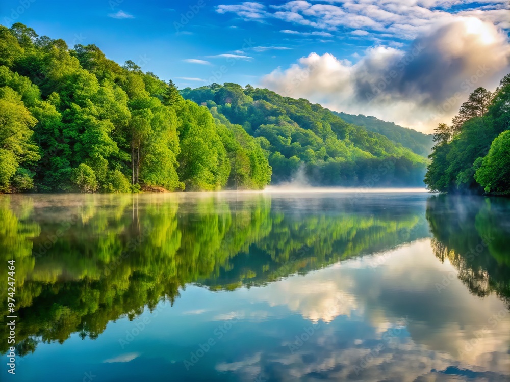 Serene morning scene of Thurmond Lake's calm waters reflecting the surrounding lush green forest, with mist rising from Serene morning scene of Thurmond Lake's calm waters reflecting the surrounding lush green forest, with mist rising from