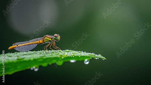  A tight shot of a dragonfly perched on a green leaf, featuring water droplets at its hindwings photo