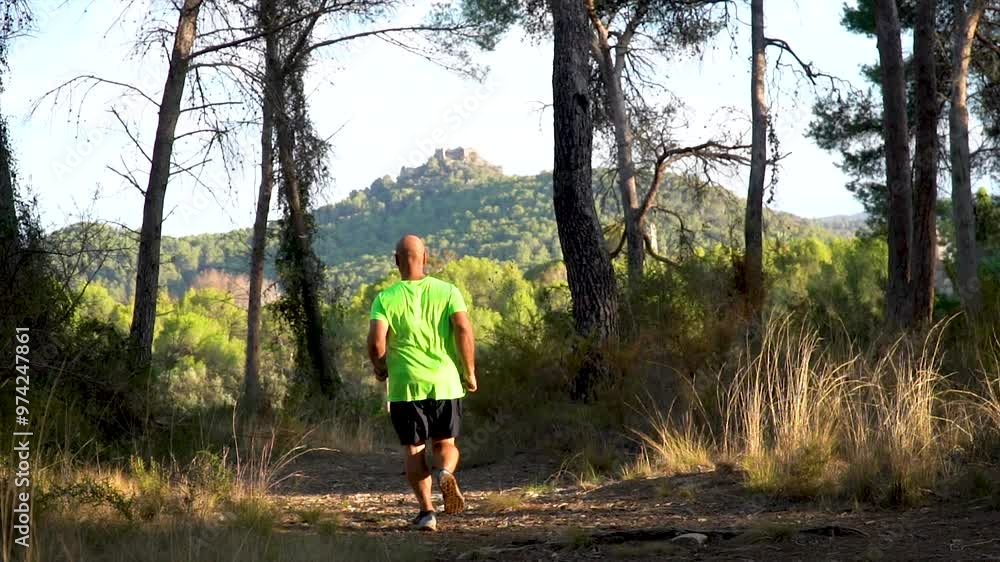 Slow motion, back view of an adult man running in the forest at sunset Slow motion, back view of an adult man running in the forest at sunset