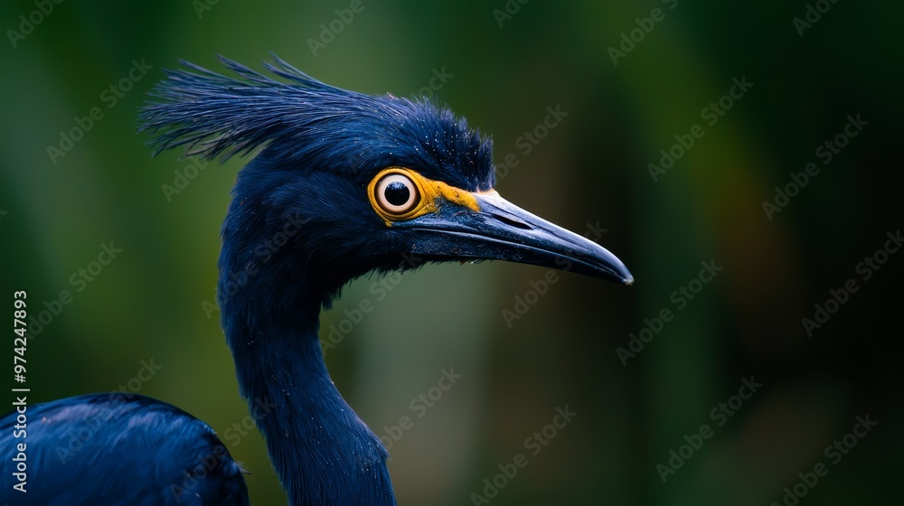 Fototapeta premium A close-up of a blue bird with a long neck and a yellow-and-black beak