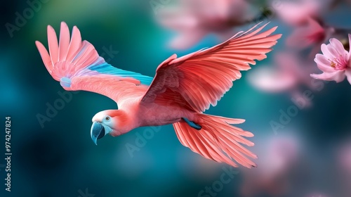  A pink parrot flies through the air with wide-open wings against a backdrop of pink flowers