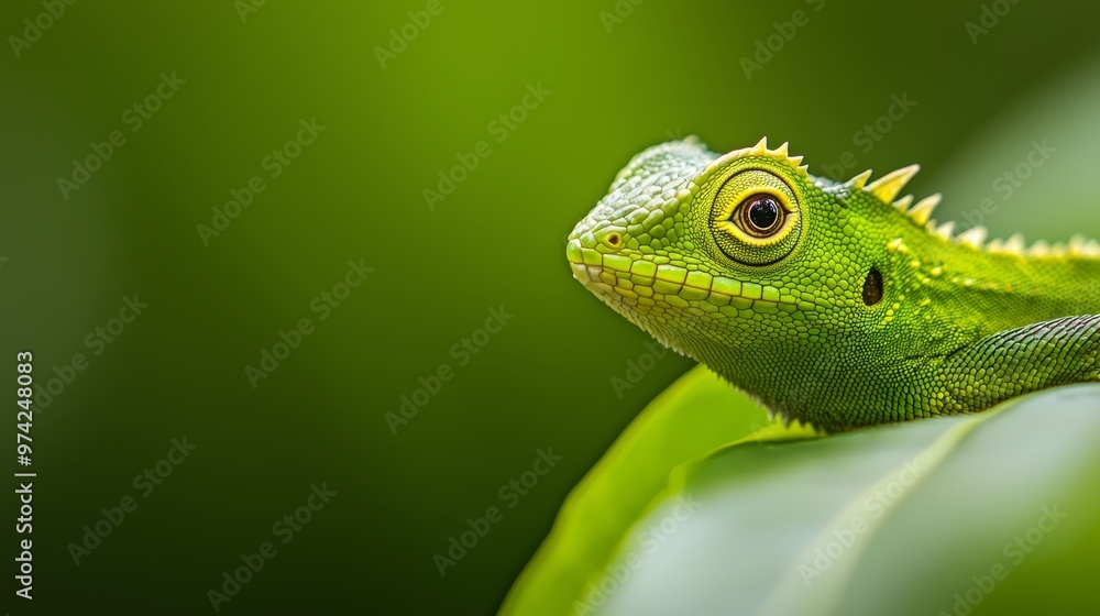 A tight shot of a green chameleon perched on a leaf against a softly blurred background A tight shot of a green chameleon perched on a leaf against a softly blurred background