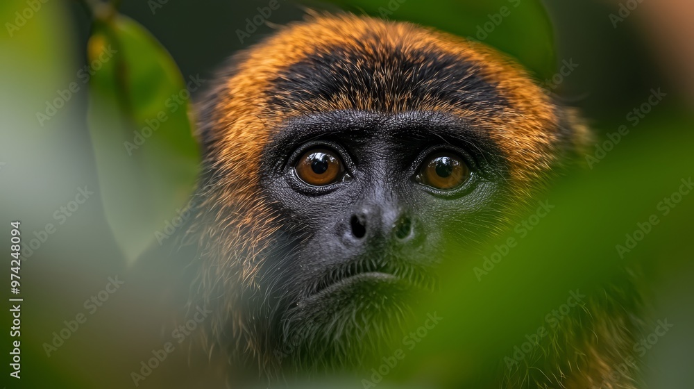 A tight shot of a monkey's expressive face peeking through tree leaves, gazing directly at the camera A tight shot of a monkey's expressive face peeking through tree leaves, gazing directly at the camera